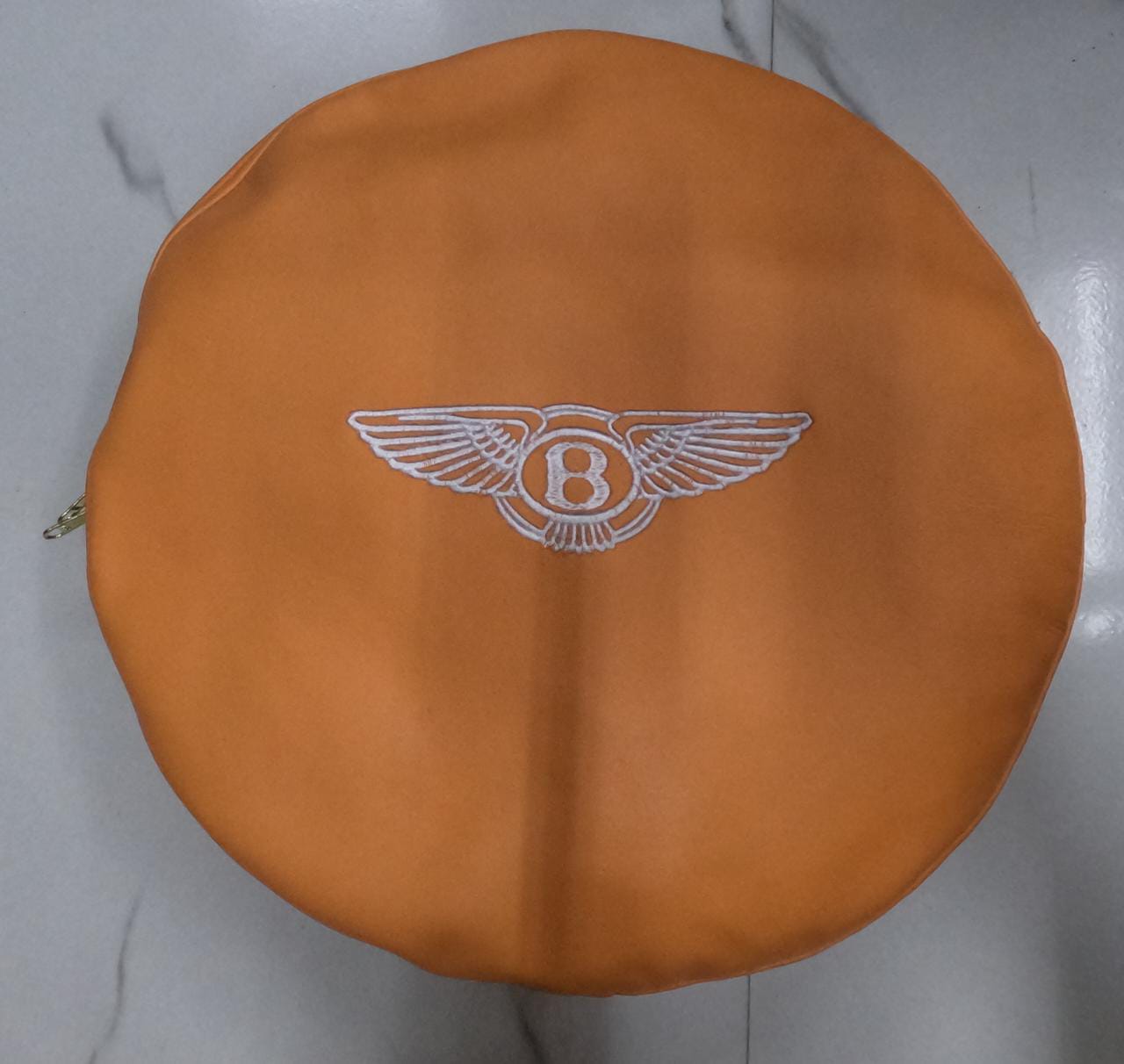 Noora Lambskin Leather Orange Round Pillow Cover | Luxury Covers | Embroidery With White Threads Logo | Housewarming Cushion Cover |  JS38