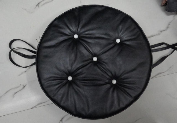 Noora Lambskin Leather ROUND BLACK TUFTED ottoman | coffee table cushion | banquette cushion | Chesterfield White Buttoned Pillow | JS37