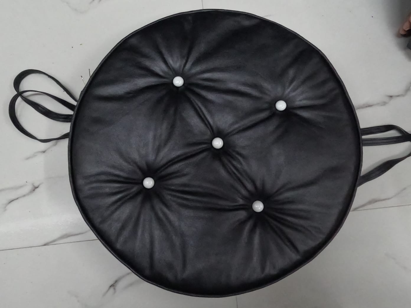 Noora Lambskin Leather ROUND BLACK TUFTED ottoman | coffee table cushion | banquette cushion | Chesterfield White Buttoned Pillow | JS37