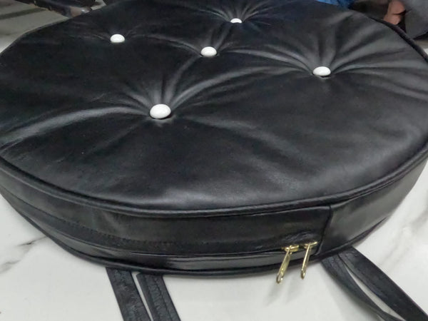 Noora Lambskin Leather ROUND BLACK TUFTED ottoman | coffee table cushion | banquette cushion | Chesterfield White Buttoned Pillow | JS37