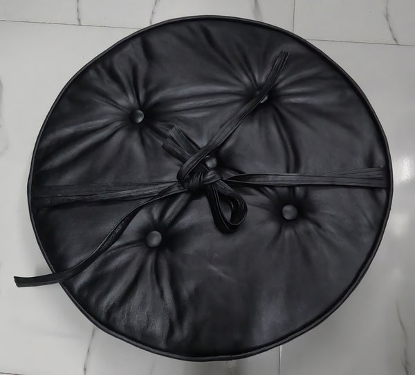 Noora Lambskin Leather ROUND BLACK TUFTED ottoman | Floor Pillow for Sitting | Chesterfield Buttoned Pillow | JS36