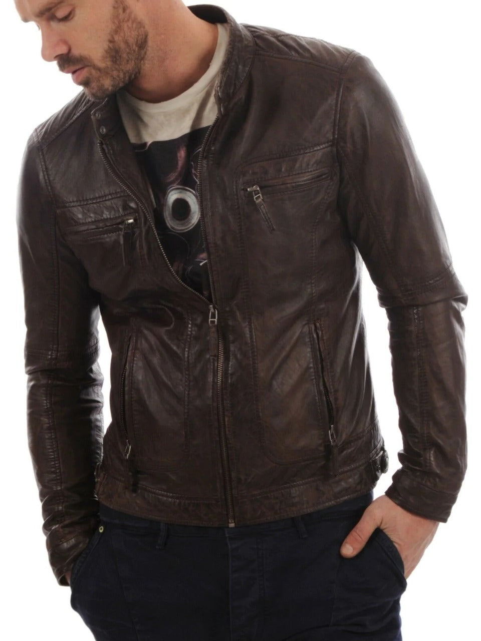 Noora Men's 100% leather FASHIONABLE BRANDED BROWN LEATHER JACKET BS-172