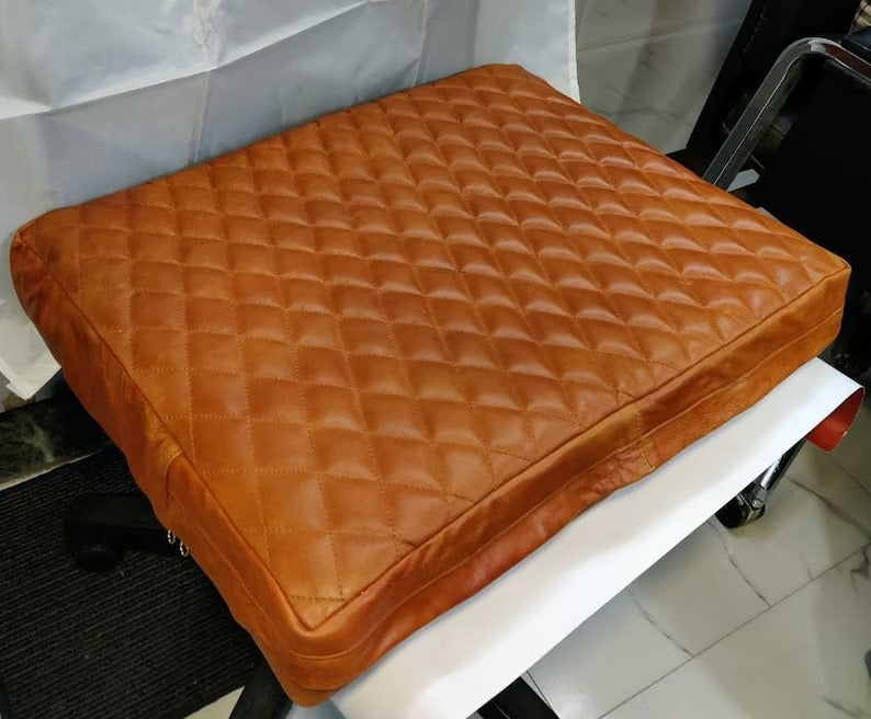 NOORA  Lambskin Leather Seat Cushion Cover MANGO TAN, Quilted Designer Sofa Cushion Case, Table Seat, Leather Pet Bed SN031