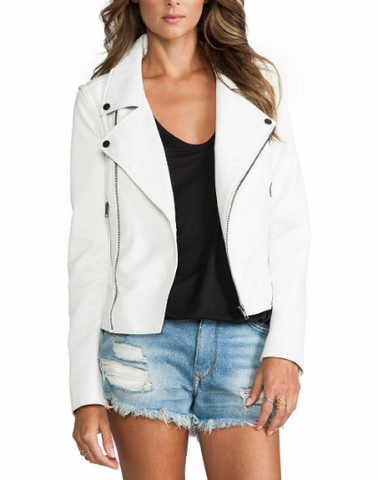 NOORA Women's NEW Lambskin Leather White Cropped, Casual Wear, Motor Biker Slim Fit Jacket With Long Seleevs, Metal Snaps & zipper UN027