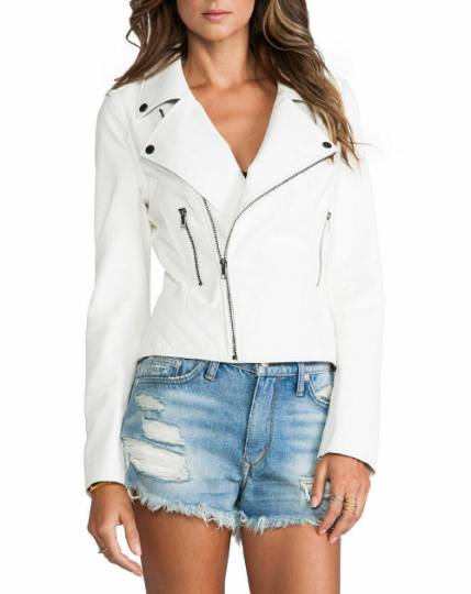 NOORA Women's NEW Lambskin Leather White Cropped, Casual Wear, Motor Biker Slim Fit Jacket With Long Seleevs, Metal Snaps & zipper UN027