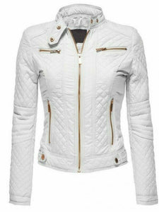 Noora Lambskin Women's White Leather Jacket, Diamond Quilted Ladies Biker Leather Jacket Gift for her