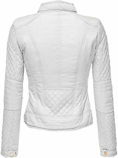 NOORA Pure Lambskin Women's WHITE Leather Jacket | DIAMOND QUILTED Ladies Biker Leather Jacket  With GOLDEN ZIPPER | Gift for her SN025