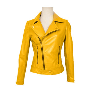 Noora Women's Yellow Biker Leather Jacket with Closure Zipper & Snap on collar SN012