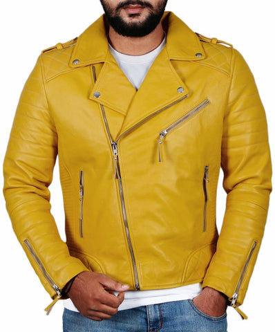 Noora Men's Lambskin Yellow Leather Jacket | Stylish Motorcycle Quilted Biker Jacket for men | Gift for Him | SN014