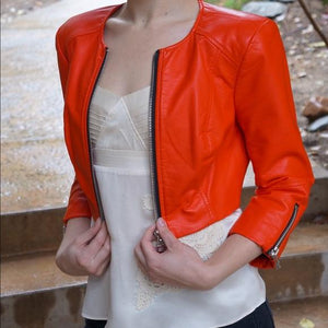 NOORA Ladies Dark Orange Lambskin Long Sleeve Jacket, Western Style Cropped Jacket: SK03