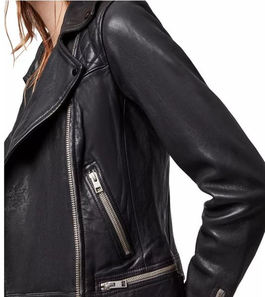 Noora New Womens Lambskin Black Leather Jacket With Long Sleeves Zipper & Snap, Trendy Biker Style Jacket rt148