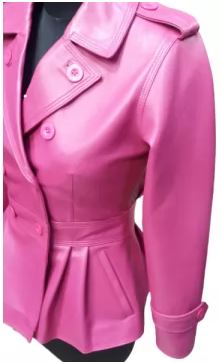 Noora New Lambskin Womens Pink Leather Trench Coat With button, Designer Pleated Trench Coat YK0258
