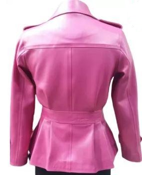 Noora New Lambskin Womens Pink Leather Trench Coat With button, Designer Pleated Trench Coat YK0258