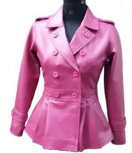 Noora New Lambskin Womens Pink Leather Trench Coat With button, Designer Pleated Trench Coat YK0258