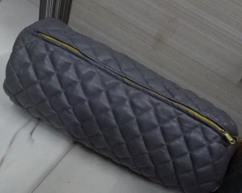 NOORA Lambskin Leather Bolster Pillow Cover | Grey Leather Cushion Cover | Quilted Leather Pillow Case | Home & Living decor | Housewarming Leather Cover For Bedroom | Decorative Pillow Cover | Gift For Special | SK13