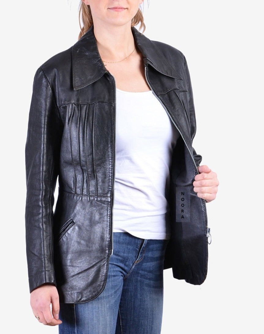 Noora New Ladies & Girls Lambskin Black Leather Jacket For Vintage Black Biker Jacket YK0240