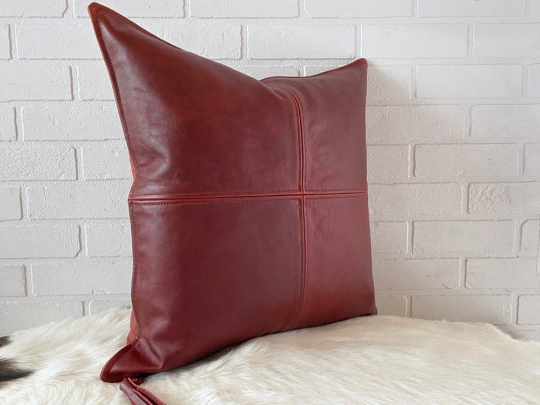 NOORA 100% Real Lambskin leather pillow cover, Square Burgundy Leather Pillow Cover, Living Decor, Throw Cover YK82