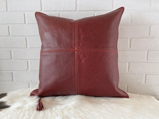 NOORA 100% Real Lambskin leather pillow cover, Square Burgundy Leather Pillow Cover, Living Decor, Throw Cover YK82