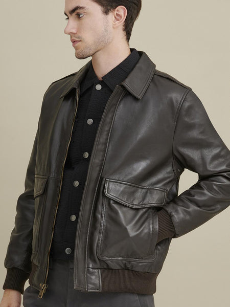 NOORA New Lambskin Mens Dark Brown Leather Jacket, Classic Shiny Bomber Style Leather Jacket l Biker Jacket YK0102
