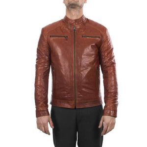 Noora Men lambskin genuine leather biker jacket slim fit cognac brown antiqued vintage look Jacket