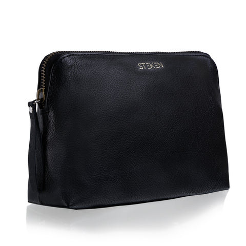 Noora New Stylish Black Leather Unisex travel pouch With One main compartment One zip pocket.