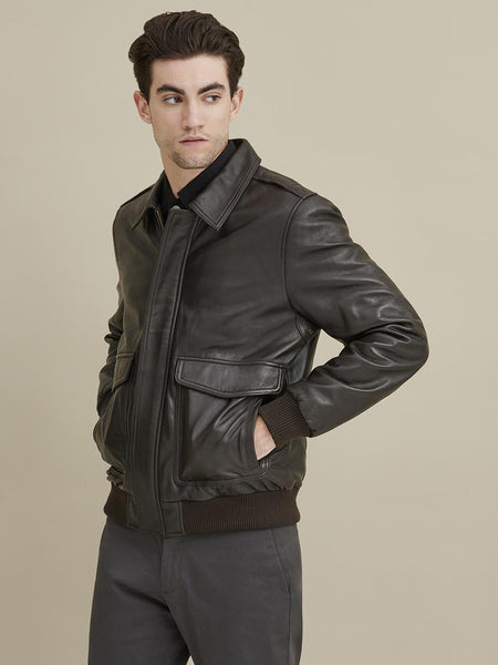 NOORA New Lambskin Mens Dark Brown Leather Jacket, Classic Shiny Bomber Style Leather Jacket l Biker Jacket YK0102