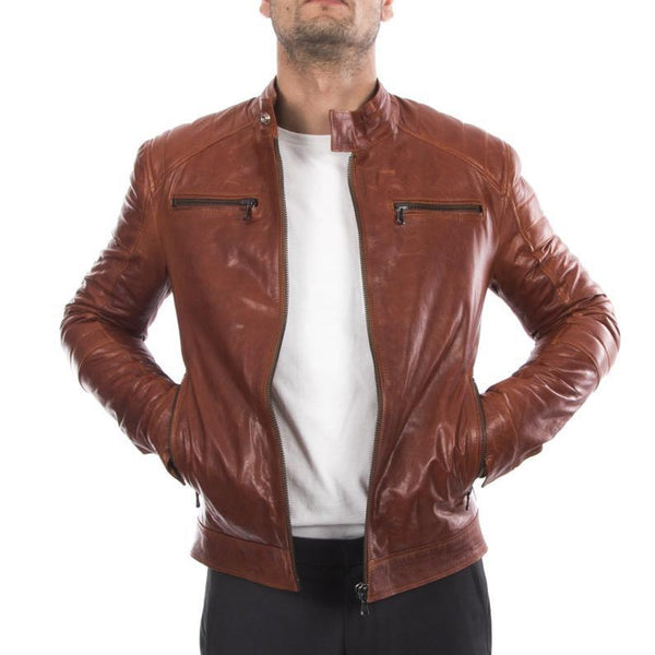 Noora Men lambskin genuine leather biker jacket slim fit cognac brown antiqued vintage look Jacket