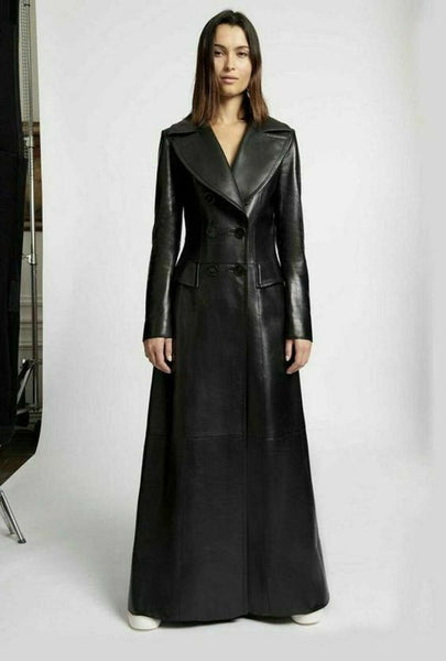 Noora Womens Lambskin Leather Black Trench Coat With Pockets MJ37