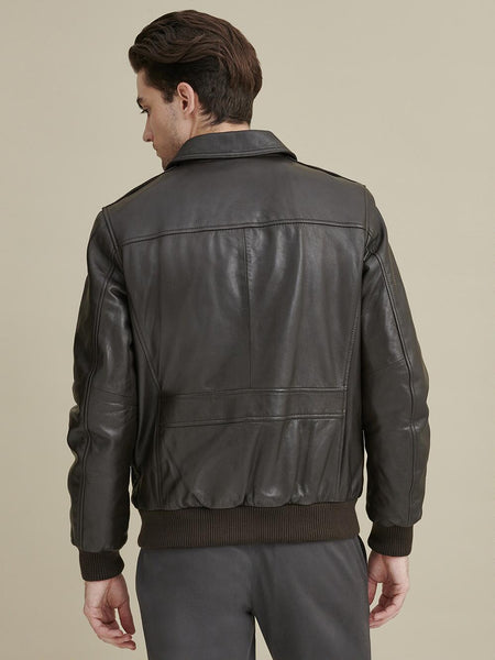 NOORA New Lambskin Mens Dark Brown Leather Jacket, Classic Shiny Bomber Style Leather Jacket l Biker Jacket YK0102