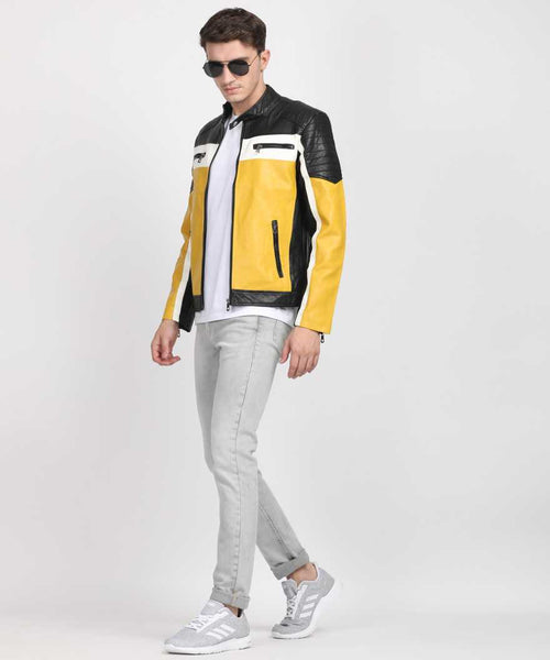 NOORA Mens Lambskin Colour Block Leather Quilted Jacket With Zipper & Pocket | Multi color | band Collar | ST0183