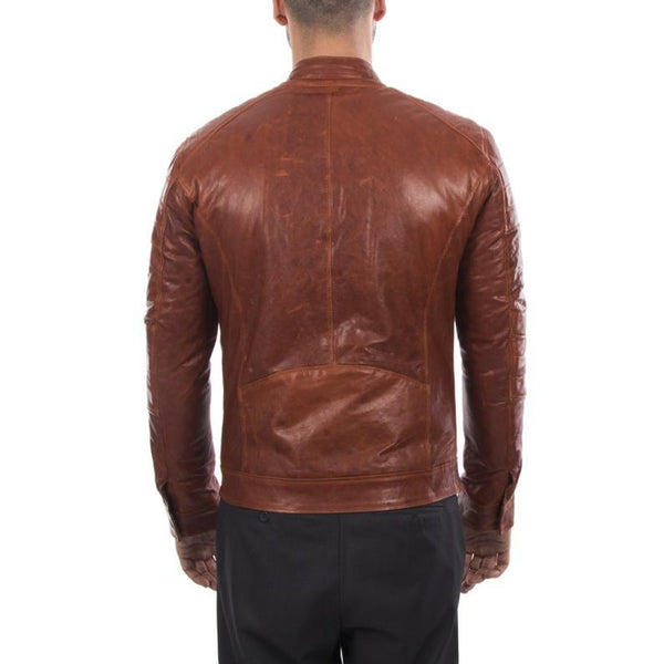 Noora Men lambskin genuine leather biker jacket slim fit cognac brown antiqued vintage look Jacket