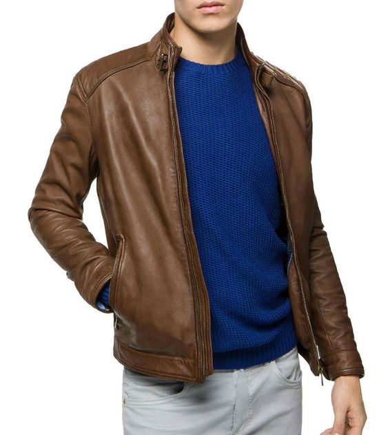 NOORA Mens Brown Cafe Racer Vintage Distressed Retro Biker Motorcycle Real Genuine Leather Jacket SJ409