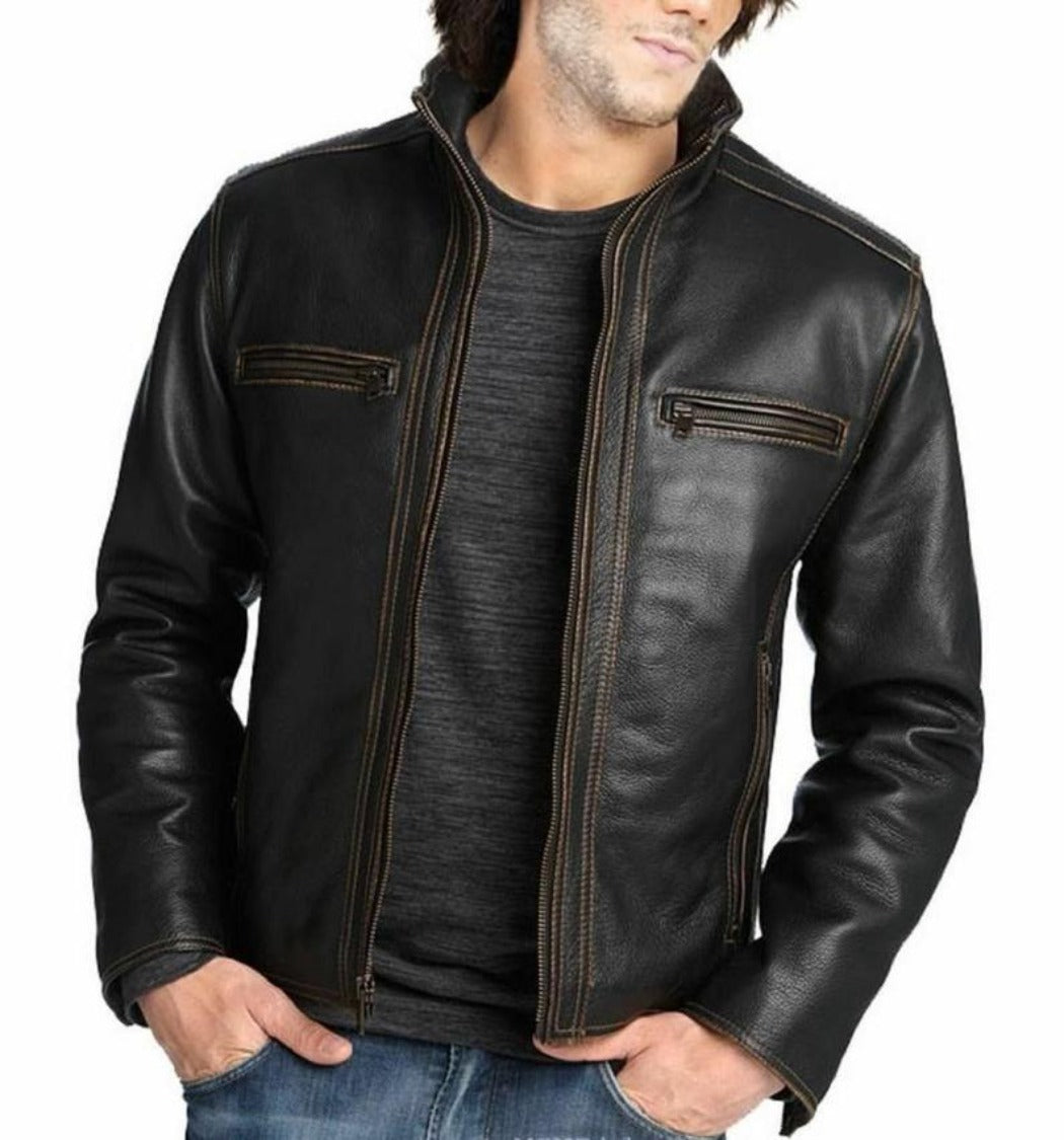 Noora Mens Customized Handcrafted Genuine Lambskin Vintage Leather Jacket Black Slim fit Motorcycle Biker Racer Retro style BS6