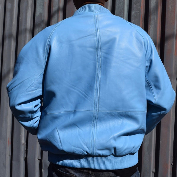 Noora Real Lambskin Men's Light Blue Leather Biker Jacket, Bomber Style Party Wear Leather Jacket - SK 010