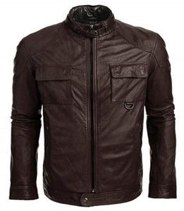 Brown Handmade Mens bskin Leather Quilted Safari Double Collar Brown Leather Jacket Slim fit Motorcycle Biker