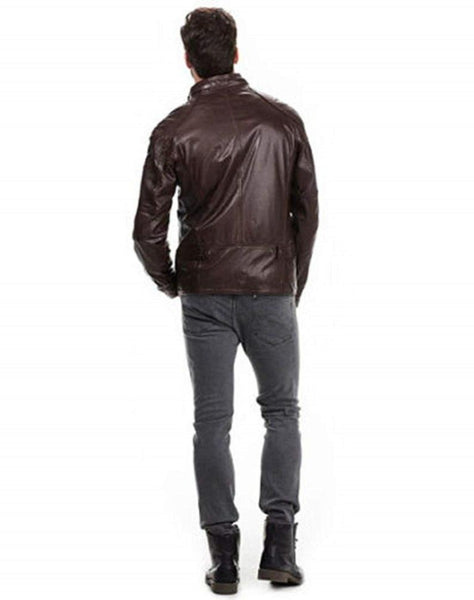 Brown Handmade Mens bskin Leather Quilted Safari Double Collar Brown Leather Jacket Slim fit Motorcycle Biker (Copy)