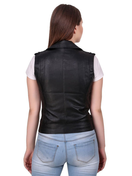Noora Womens Black Leather Biker Vest Coat | Black  Sleeveless Café Racer Leather Vest Coat With Branded YKK Zipper SU0176