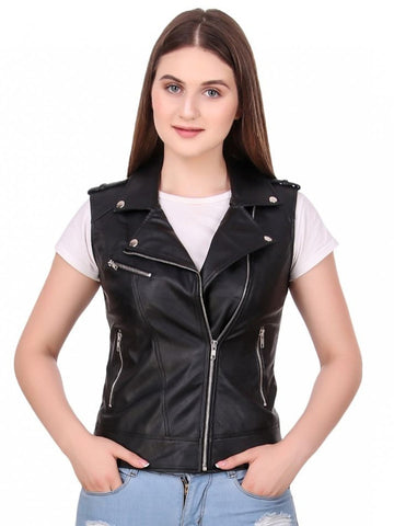 Noora Womens Black Leather Biker Vest Coat | Black  Sleeveless Café Racer Leather Vest Coat With Branded YKK Zipper SU0176