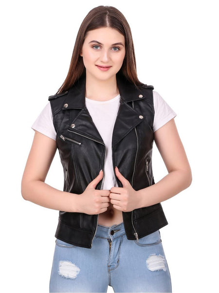 Noora Womens Black Leather Biker Vest Coat | Black  Sleeveless Café Racer Leather Vest Coat With Branded YKK Zipper SU0176