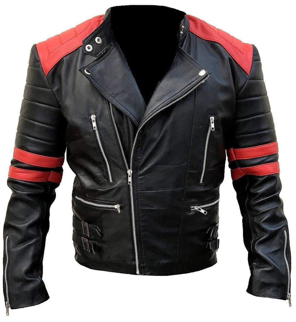 NOORA Mens Lambskin Leather Quilted Jacket | Black Jacket With Red Strips | Snap On Collar | ST015
