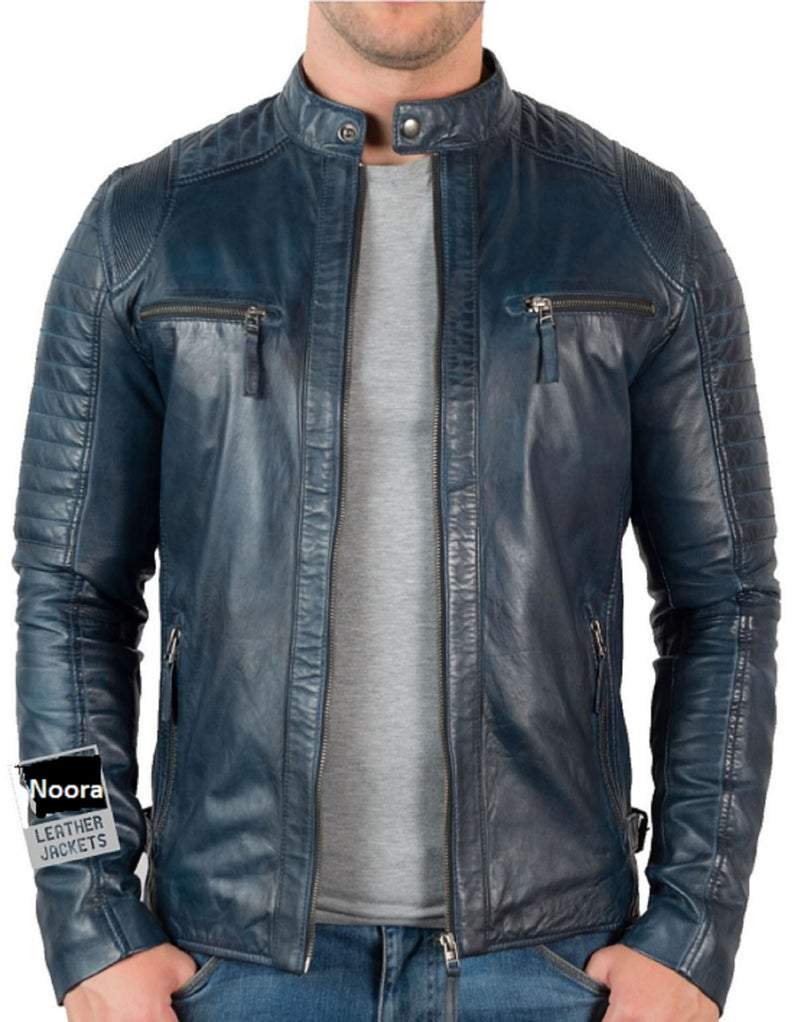 NOORA Mens Lambskin Blue jacket Vintage Leather Biker Motorcycle Jacket Fridge retro leather jacket SJ153
