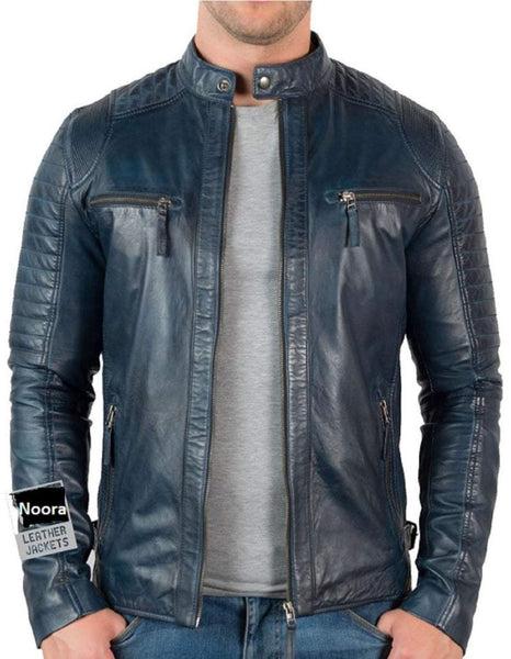NOORA Mens Lambskin Blue jacket Vintage Leather Biker Motorcycle Jacket Fridge retro leather jacket SJ153
