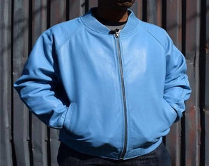 NOORA Lambskin Leather Jacket Men's Light Blue Leather Jacket | Bomber Style Leather Jacket | Party Wear Jacket | Casual Wear Jacket - SK 010