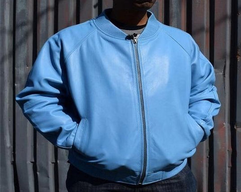 NOORA Lambskin Leather Jacket Men's Light Blue Leather Jacket | Bomber Style Leather Jacket | Party Wear Jacket | Casual Wear Jacket - SK 010