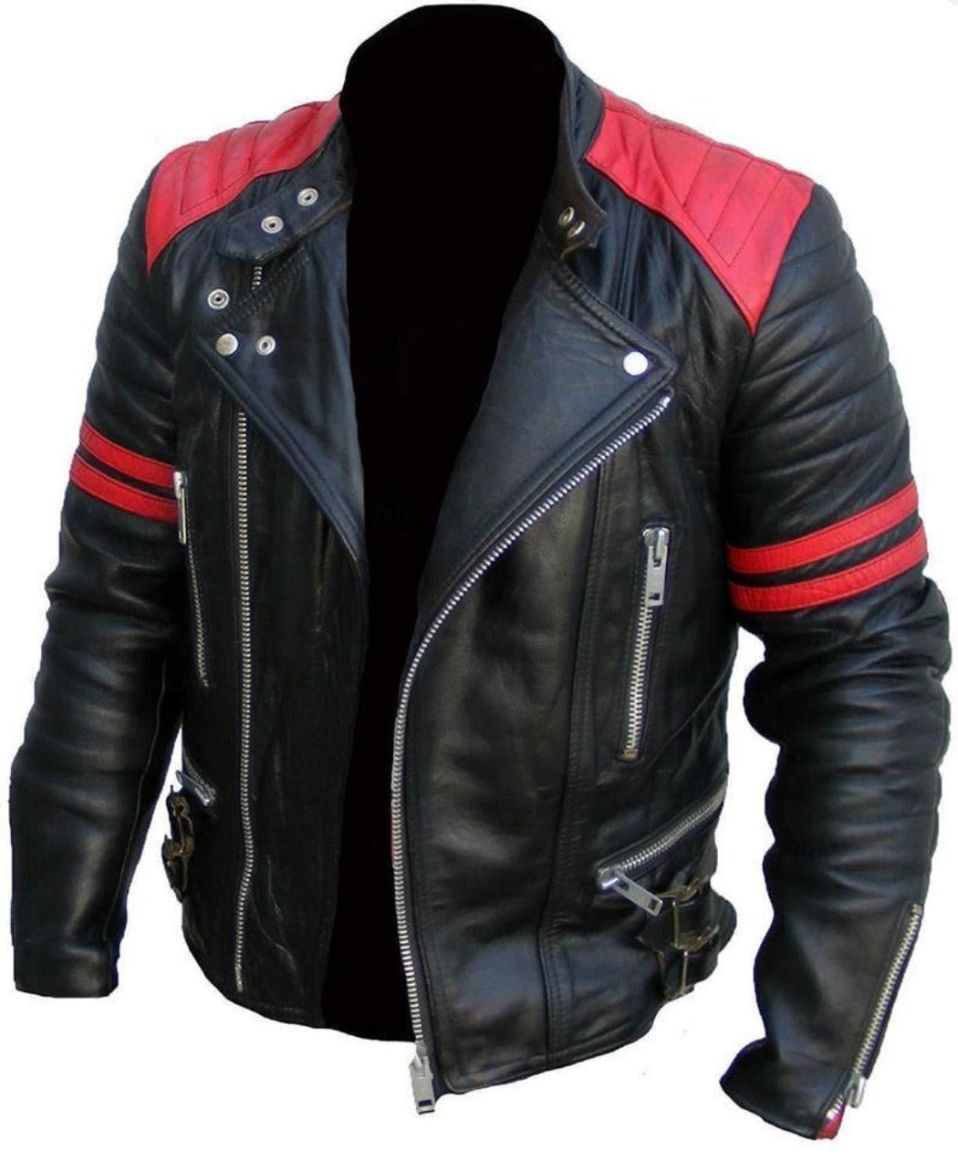 NOORA HANDMADE Brando Classic Jacket for Man Real Black & RED Leather Jacket for Man Motorbike Jacket for Men Leather Jacket Red Stripe BS14