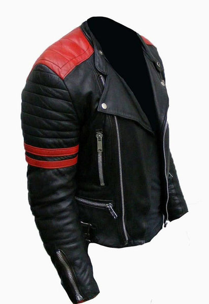 NOORA HANDMADE Brando Classic Jacket for Man Real Black & RED Leather Jacket for Man Motorbike Jacket for Men Leather Jacket Red Stripe BS14