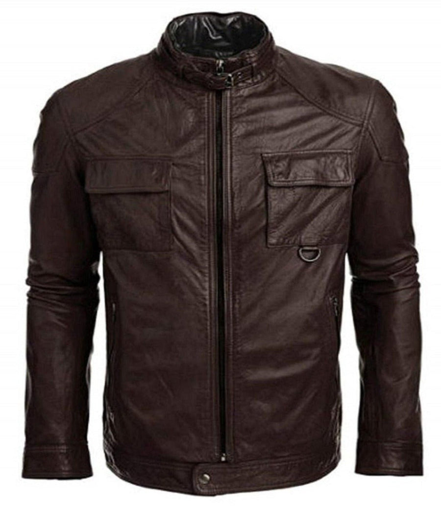 Brown Mens bskin Leather Quilted Safari Double Collar Brown Leather Jacket Slim fit Motorcycle Biker