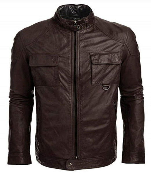 Brown Handmade Mens bskin Leather Quilted Safari Double Collar Brown Leather Jacket Slim fit Motorcycle Biker (Copy) - Noora International