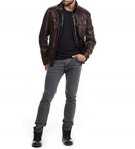Brown Handmade Mens bskin Leather Quilted Safari Double Collar Brown Leather Jacket Slim fit Motorcycle Biker (Copy) - Noora International