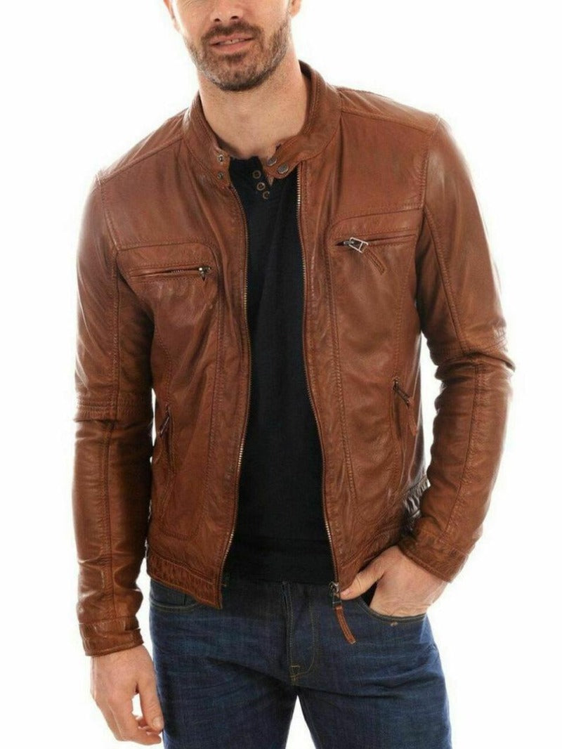 Noora Lambskin Mens Leather Jacket Tan Brown | Glossy Brown Motorcycle Jacket | Classical Western Jacket YK094